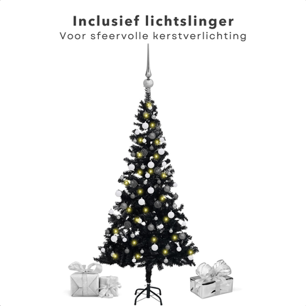 Cheqo® Zwarte Kerstboom - Kunstkerstboom 150 cm - Met LED-Verlichting en Kerstballen - PVC - Energiezuinig