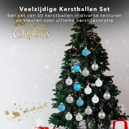 Cheqo® Luxe Kerstballen Set - Kerstballenset - Kerstdecoratie - Kerstboom Versieren - Kerstversiering - Onbreekbaar - Met Ophangoogje - Kerstversiering Kerstboom - Mat - Glans - Glitter - Blauw - Zilver - Verschillende Texturen Kerstballen