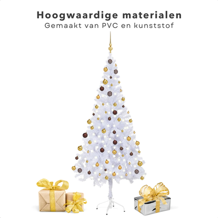 Cheqo® Kerstboom - Kunstkerstboom 180 cm - Witte PVC Boom met LED-Verlichting en Kerstballen - Sneeuw Effect