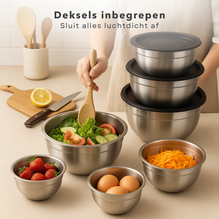 Cheqo® RVS Mengkommen Set - Beslagkommen Set - Mixkom - Kommen Stapelbaar en Met Deksel - 8-delige RVS Beslagkommen