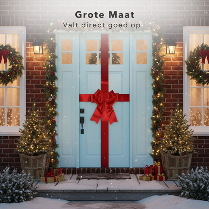 Cheqo® Rode Deurstrik - Kerstdecoratie -Glanzende Strik - Klittenband Bevestiging - Rode Kerststrik - Feestelijke Decoratie - Deurversiering - Grote Strik - Rode Glans - Decoratieve Strik - Deurkrans Alternatief - Deurstrik - Kerst Strik