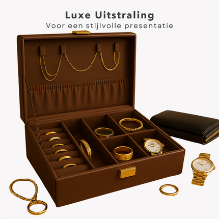 Cheqo® Sieradendoos Kunstleer - Bijouteriedoos - Sieradenkoffer - Juwelendoos - Sieraden Organizer - Bruin - Sieraden Doos - Sieradendoosje Met Kettinghaakjes en Ringklemmen