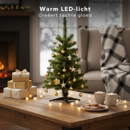Cheqo® Kerstboom met Verlichting - Kunstkerstboom met LED-Verlichting – 90cm – Groene & Gouden Kerstboom – Met Kerstballen – Kunstkerstboom met Verlichting – Compacte Kerstboom – Kerstdecoratie - Met Gouden Kerstballen