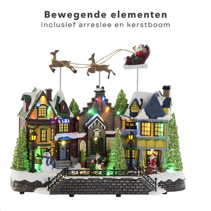 Cheqo® Kerstdorp Vliegende Arreslee - Kersthuisje - Kersttafereel met LED Verlichting - 35 cm - Kunststof - Met Muziek