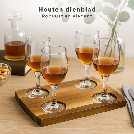 Cheqo® Whiskey Set - 5-Delig - Acacia Dienblad - Whiskey Glazen - Whiskeyglas Set - Cadeau Set - Luxe Design - Kerst Cadeau - Unieke Serveerset - Stijlvolle Presentatie - Whiskey Liefhebbers - Acacia Hout - Feestelijke Set