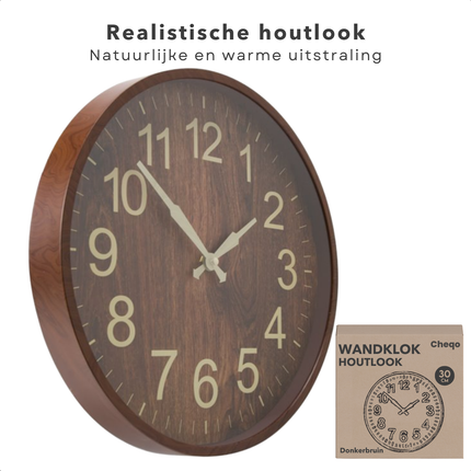 Cheqo® Luxe Wandklok Houtlook - Klok voor aan de Wand - Donkerbruin - 30 cm - Kunststof - Stille Klok