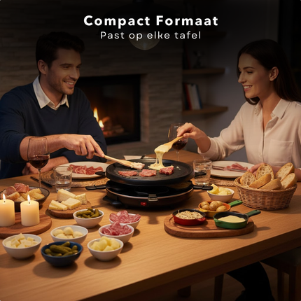 Cheqo® Raclette Grill - 6 Persoons - Stalen Grillplaat - Gourmet - Gourmetten - Antiaanbaklaag - PFAS-Vrij - Anti-Slip Voetjes - Houten Spatels - Eenvoudig Te Reinigen - Compacte Raclette