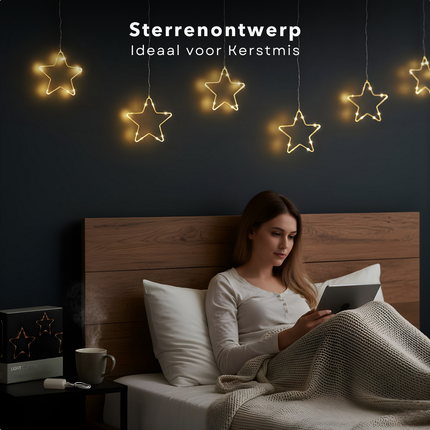 Cheqo® Lichtgordijn Kerststerren - Kerst Lichtgordijn - Licht Gordijn - Warm Wit Licht - 45 LED Lampjes - Automatische Timer - Kerst Ster Verlichting - Kerstverlichting Op Batterijen - Kerstlampjes - Kerstdecoratie - Kertster Verlichting