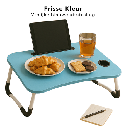 Cheqo® Opklapbare Laptoptafel - Ontbijt op Bed Tafel - Bedtafel met Tablethouder - Bank Tafeltje - Ontbijttafeltje - Banktafel - Blauw