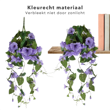 Cheqo® Hangende Kunstbloem Petunia - Hangende Plant - Klimop - Decoratieve Kunsttak - Paars Groen - Perfect voor Interieur