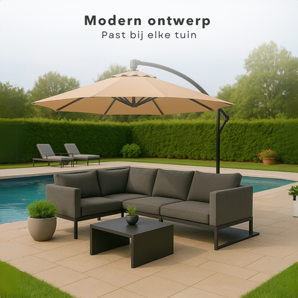 Cheqo® Zweefparasol 3M - Zweef Parasol Kantelbaar - Verstelbaar Stalen Frame - Inclusief Voet - Voor Tuin en Balkon - Taupe