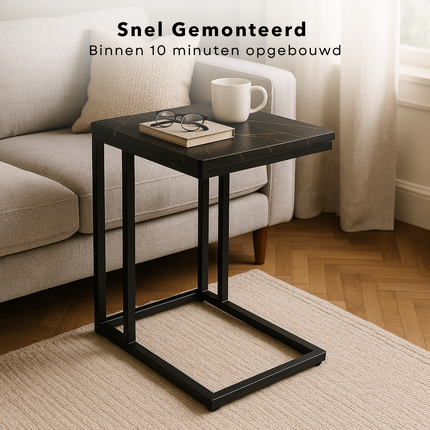 Cheqo® Bijzettafel - Bedtafel - Laptoptafel - Banktafel - Bijzettafeltje - Salontafel - Bijzet Tafel - Metaal - Marmeren MDF Tafelblad - Kleine Moderne Tafel - Zwart