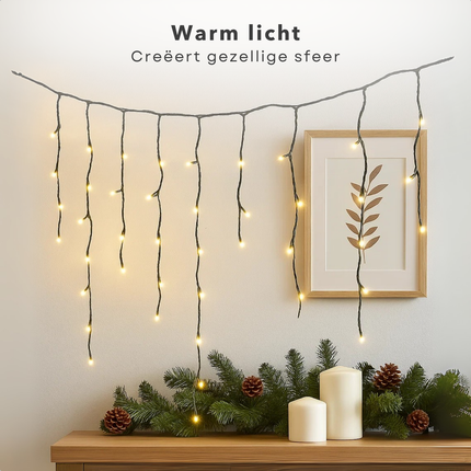 Cheqo® Ijspegel Verlichting - Lichtgordijn - Kerstverlichting Buiten - Kerstverlichting Binnen - 180 LED - Warm Wit - 6 Meter - 8 Lichtfuncties - IP44 Adapter - Geschikt Voor Buiten - Groen Snoer - 3 Meter Aansluitsnoer - LED Lampjes