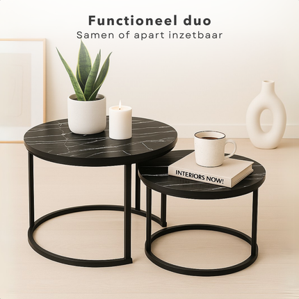 Cheqo® Industriële Bijzettafels Set - Modern Design - Bijzettafel Set - Bijzet Tafel - Salontafel Industrieel - Zwart MDF & Metaal