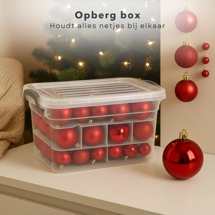Cheqo® Rode Kerstballen Set - 70 Stuks - Kunststof Kerstballen - Kerstbal Opbergbox - Rood Kerstdecoratie - Mat Glanzend Glitter - Verschillende Uitvoeringen - Met Kerstbal Opbergbox - Opbergdoos - Afsluitbaar Deksel