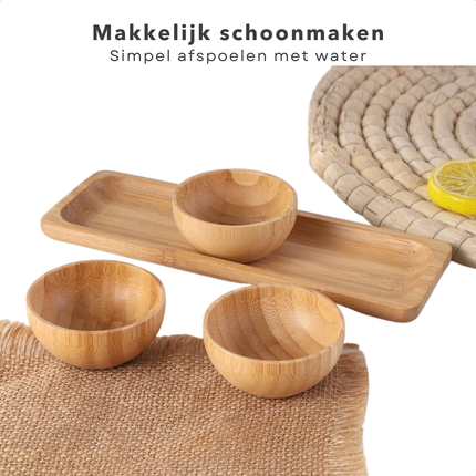 Cheqo® Bamboe Tapas Set - Serveerplank 21x7 cm - Inclusief 3 Schalen - Duurzaam Bamboe