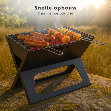 Cheqo® Draagbare Houtskool Barbecue – Opvouwbare BBQ Grill – Tafelbarbecue voor Buiten – Inklapbare Camping BBQ – Compacte Zwart Design Tuinbarbecue – Lichtgewicht Outdoor Grill met Vuurschaal & Handvaten