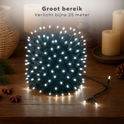 Cheqo® Kerstverlichting - Kerstlampjes - Kerstboomverlichting Wit - 1920 LED Lampjes - Koel Wit Licht - 25 Meter Lengte - Binnen en Buiten - IP44 Adapter - 8 Lichtfuncties - Automatische Timer - Geheugenfunctie - Cluster Kerstverlichting