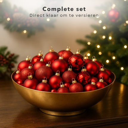 Cheqo® Kerstballen Set - 42 Stuks - Ø7 cm - Rode Kerstballen - Glazen Kerstballen - Kerstboom Decoratie - Matte Kerstballen - Glimmende Kerstballen - Glitter Kerstballen - Trendy En Modern - Warme Uitstraling - Kerstbal Set Rood