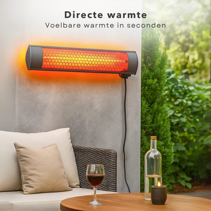 Cheqo® Elektrische Terrasverwarmer - Infrarood Verwarming - 2000W Vermogen - Hangend Model - IP55 Bescherming - Spatwaterdicht - Binnen En Buiten Gebruik - Gouden Halogeenlamp - Wand- Of Plafondmontage - Energiezuinig