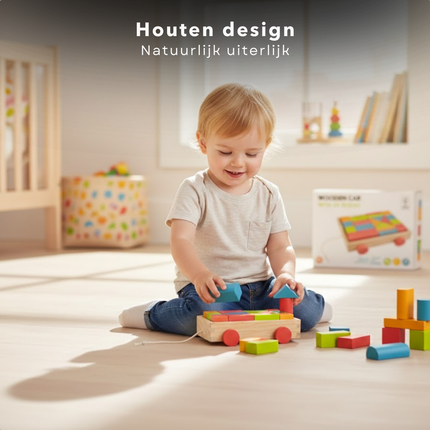 Cheqo® Houten Blokkenkar - Blokkenkar met Blokken - Blokkenkar Speelgoed - Baby Blokkenkar - Blokkenkar voor Peuter - Blokkenkar 20 Blokken