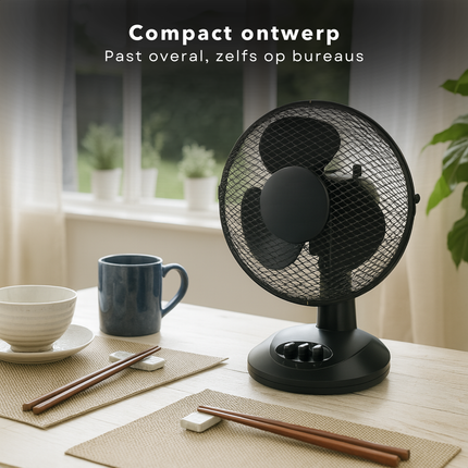 Cheqo® Tafelventilator Zwart – 23 cm Compacte Bureau Ventilator – 32 Watt – 2 Snelheden – Zwenkfunctie 75° – Lichtgewicht & Stil – Instelbare Luchtstroom – Energiezuinig – Ventilator voor Thuis & Kantoor