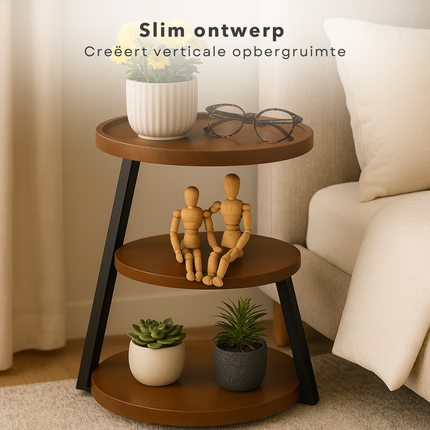 Cheqo® Moderne Bijzettafel - Bijzet Tafel - Bruin Bijzettafeltje - Zwart Metalen Frame - MDF Plateau - Opstaande Rand - Stelpootjes - Ronde Bijzettafel - Industriële Stijl - Woonkamer Tafel - Compacte Bijzettafel