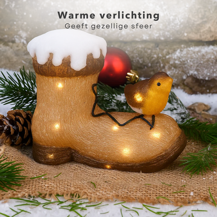 Cheqo® Verlicht Kerstfiguur Acryl - Vogel Op Laars - LED Verlichting - Kerstversiering - Acryl Materiaal - Werkt Op Batterijen - Binnen En Buiten - Timerfunctie - IP44 Batterijbox - Verlicht Kerstfiguur - Decoratieve Verlichting