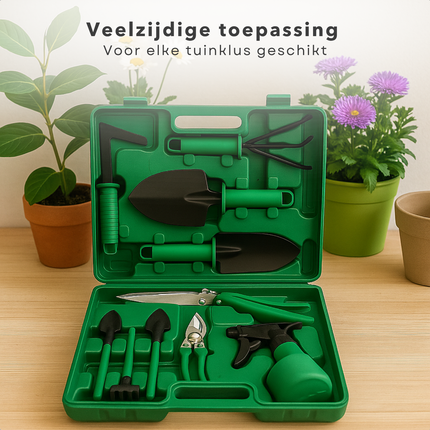 Cheqo® Tuingereedschap Set - Tuingereedschap Set - Snoeischaar- Tuinset - Snoeischaar - Tuinieren - Complete 10-Delige Set met Opbergkoffer - Inclusief Plantenspuit
