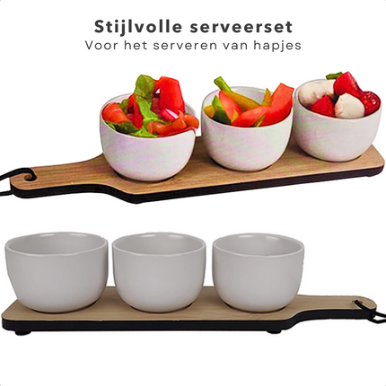 Cheqo® Tapasplank - Apero-serveer-set - 4-delig - 32x8x7cm - Bamboe - Wit - 1 Dienblad & 3 Kommetjes