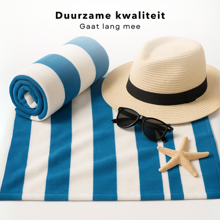 Cheqo® XL Strandlaken Katoen - Strandkleed - Gestreept Blauw/Wit - Absorberend en Groot
