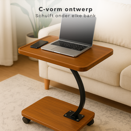 Cheqo® Bijzettafel Op Wieltjes - Moderne Bijzettafel C Vorm - Zwart Frame - Vintage Bruin Blad - MDF En Metaal - Zwenkwielen - Zonder Wieltjes - Opstaande Rand - Bijzettafel Woonkamer - Bijzettafel Industrieel - Bijzettafel Bank