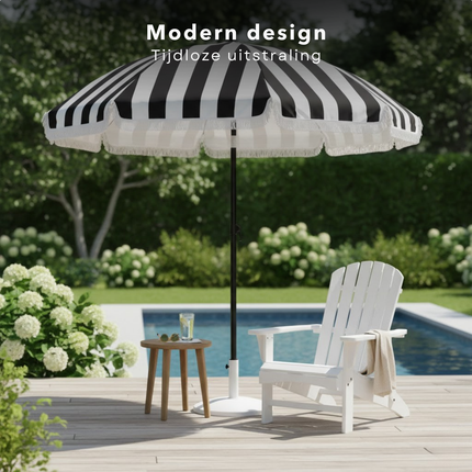 Cheqo® Parasol - Tuinparasol - Tuinparaplu - Strandparasol - Balkon Parasol - Camping Parasol - Gestreepte Parasol - Zwart Wit Parasol - Parasol Met Franjes - Parasol Met Draagtas - Kantelbare Parasol - Verstelbare Parasol - Parasol Uv Bescherming