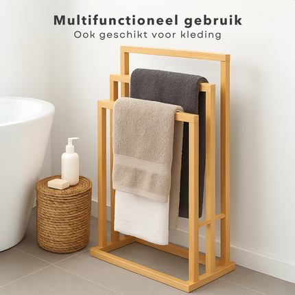 Cheqo® Handdoekenrek Badkamer - Handdoekrek Bamboe - Handdoek Rek Vrijstaand - Zonder Boren - 3 Hoogtes