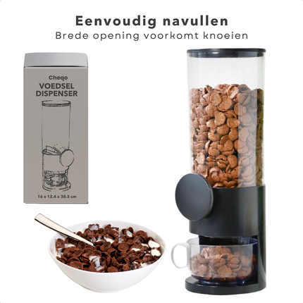 Cheqo® Cornflakes Dispenser - Rijst Dispenser - Food Dispenser - Droog Voedsel Opslag - Bewaardoos - Voorraaddoos - Kunststof - Zwart