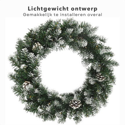 Cheqo® Kerstkrans met Kerstlampjes - LED Verlichting - Deurkrans - Kerstdecoratie - Kerst Krans - 45 cm - Weerbestendig PVC - Voor Binnen en Buiten