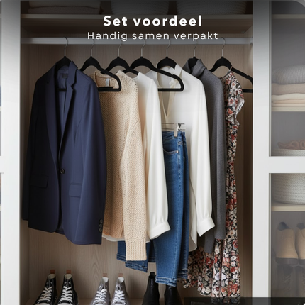 Cheqo® Velvet Kledinghangers - Zwarte Kledinghangers - Antislip Hangers - Kleerhaners - Slank Ontwerp - Draaibare Metalen Haak - Kleerhanger - Kledinghangers Met Inkepingen - Set Van 6 Hangers - Geschikt Voor Alle Soorten Kleding