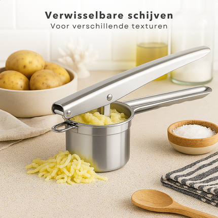 Cheqo® Aardappelpers RVS - Pureestamper - Aardappelpuree Maken - Met 3 Schijven - Eenvoudig Te Reinigen - Geschikt Voor Groenten En Fruit - 304 stainless steel - Hefboomwerking - Grof, Middel, Fijn Schijven - Multifunctionele Pers