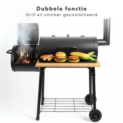Cheqo® Rookoven met Barbecue - Rook Oven - BBQ Smoker Barbecue 2-in-1 - Verrijdbare BBQ - Houtskool & Rookoven - Met Wielen