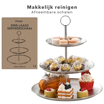Cheqo® Etagere 3-Laags - RVS Serveerschaal - 34 cm Hoog - Ideaal voor High Tea - Serveer Schaal - Borrelplank