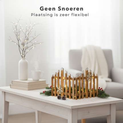 Cheqo® Kersthek Met LED Kerstverlichting - Houten Kersthek - Warm Wit LED - Automatische Timer - Kerstdecoratie Hek - LED Kerstverlichting - Kerstversiering Hout - Batterij - Decoratief Hek