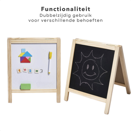 Cheqo® Dubbelzijdig Schoolbord met Houten Stand - Krijt- en Magnetisch Tekenbordje met Accessoires - 22.5x22.5 cm - Tekenbord - Krijtbord - Whiteboard