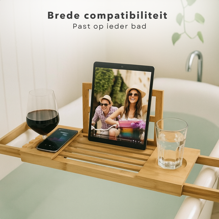 Cheqo® Luxe Verstelbare Badplank Bamboe – Uitschuifbaar Badrek – Badplank met Boekensteun, Tablethouder, Wijnglashouder & Bekerhouder – Waterbestendig Badkuiprekje – Compacte Opberging – Badaccessoires Hout