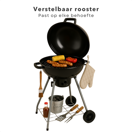 Cheqo® Houtskool Barbecue Ø45 cm - Houtskoolbarbecue - Met Deksel en Wielen - Draagbare BBQ voor Tuin of Camping