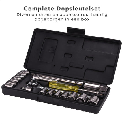 Cheqo® 20-delige Dopsleutelset - Doppendoos en Ratel - Doppenset - Kunststof Opbergbox - Doppen & Verlengstukken - Hoge Kwaliteit - Sterk Materiaal - Gereedschapsset - Dopsleutel - Handgereedschap Dopsleutelsets