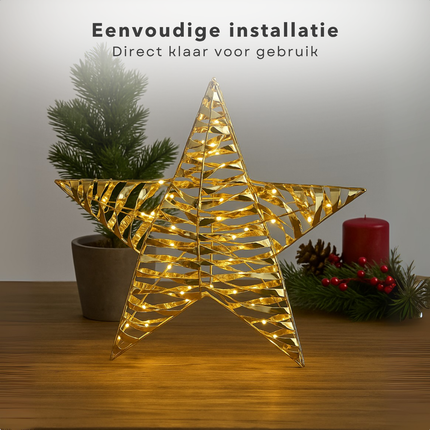 Cheqo® Verlichte Kerstster - Gouden Kerstster - 60 Led Lampjes - Warm Wit Licht - Microled Verlichting - Kerstdecoratie Binnen - Metalen Kerstster - Kunststof Kerstster - Timer Functie - Batterij Aangedreven - Gouden Kerstster - Kerst Ster