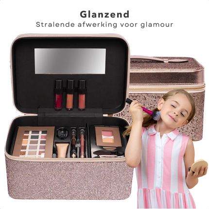 Cheqo® Beautycase Brons Glitter - Luxe Make-up Koffer met Spiegel - Complete Reisset - Beauty Case met Vakken - Visagiekoffer - Cosmeticakoffer - Beautycase