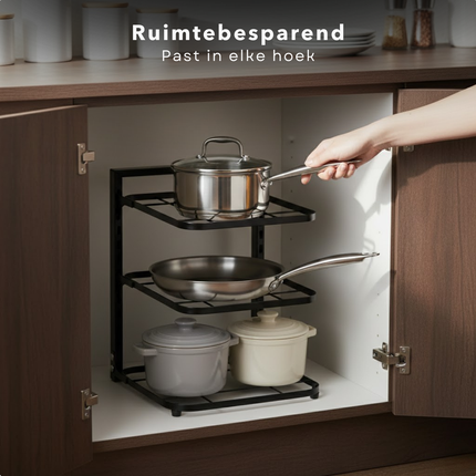 Cheqo® Pannenrek - Verstelbaar Pannenrek - Pannen Organizer - Pannen Opbergrek - Keukenrek Voor Pannen - Pannenrek Staand - Pannenrek Keukenkast - Pannenrek Voor Pannen En Deksels - Zwart Pannenrek