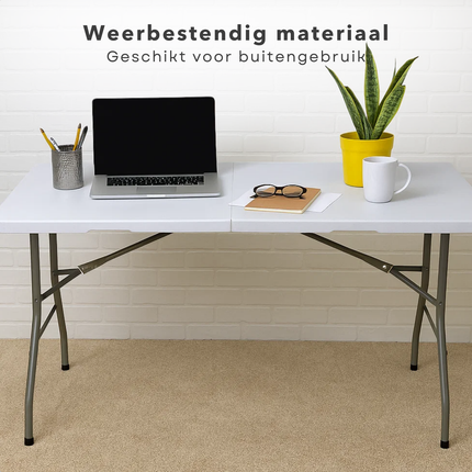 Cheqo® Opvouwbare Tafel – Inklapbare Klaptafel met Draaghandvat – Stevig Stalen Onderstel – Kunststof Tafelblad – Campingtafel - Buffettafel - Partytafel – Weerbestendig & Compact Koffermodel – Voor Binnen en Buiten