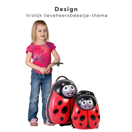 Cheqo® Kinderkoffer en Rugzak Set - Koffer voor Kinderen - Reiskoffer - Trolley met Bijpassende Reiskoffer - Handbagage Vriendelijk - Lieveheersbeestje